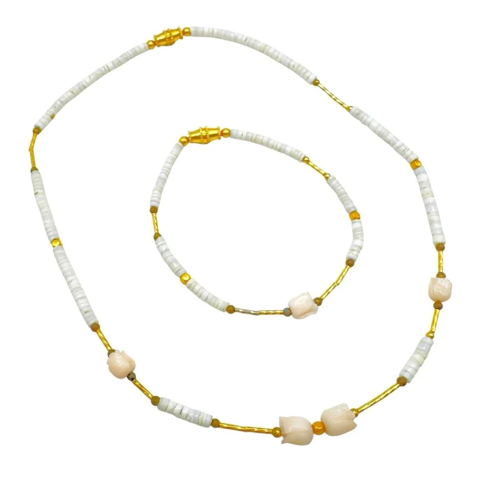 Vintage Puka Shell Necklace & Bracelet Coral Tulip Dainty 15